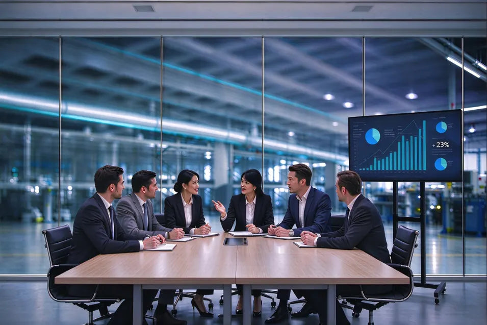 A management meeting takes place against the backdrop of a smart factory.