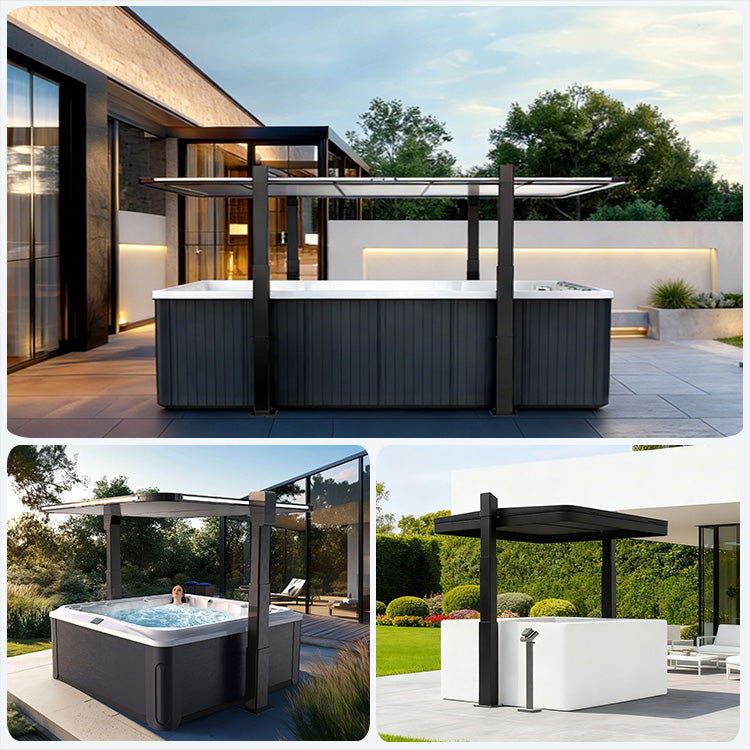 Hot tub and swim spa pool with cover in outdoor setting