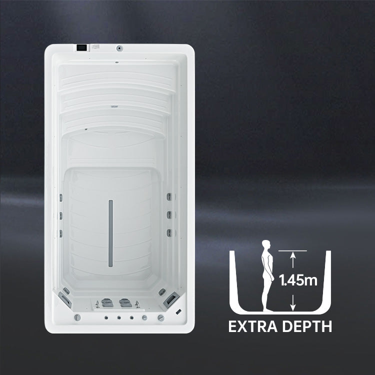 White endless swimming pool with tag write 'extra depth' on a dark background