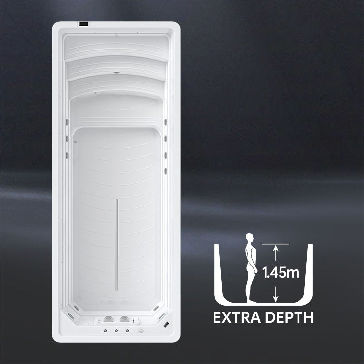 White rectangular exercise swim spa with 'Extra Depth' label on a dark background