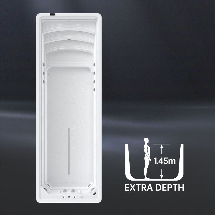 White rectangular endless swimming pool product with depth measurement illustration on a dark background