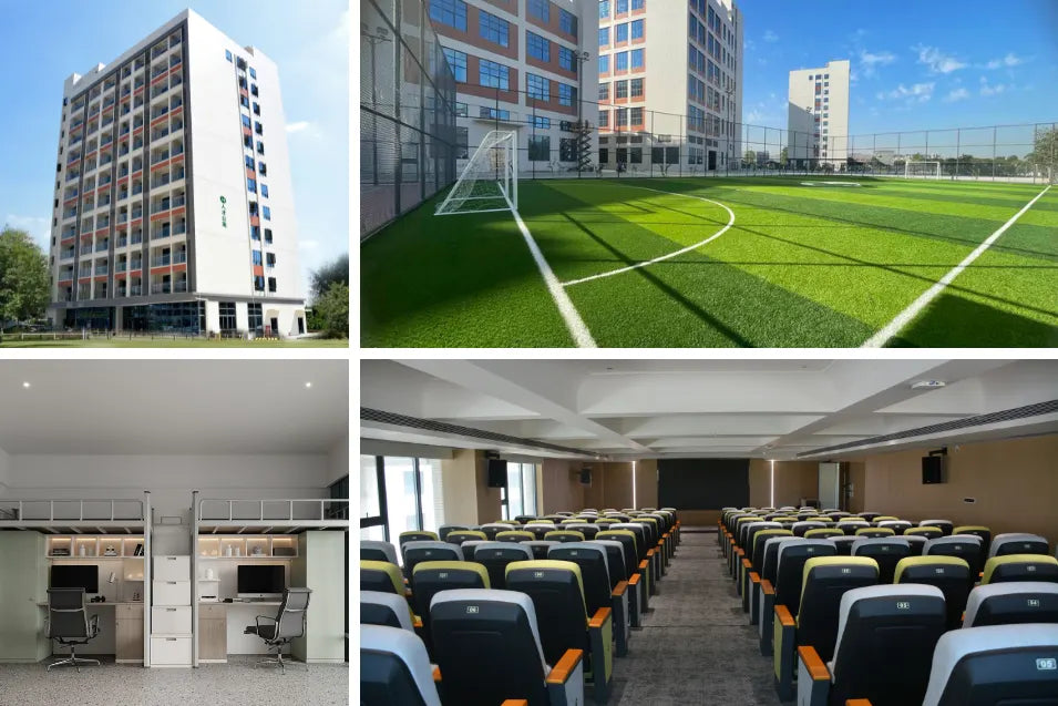A four-part collage showing: employee apartments; a soccer field; the interior of an apartment; and a movie theater.