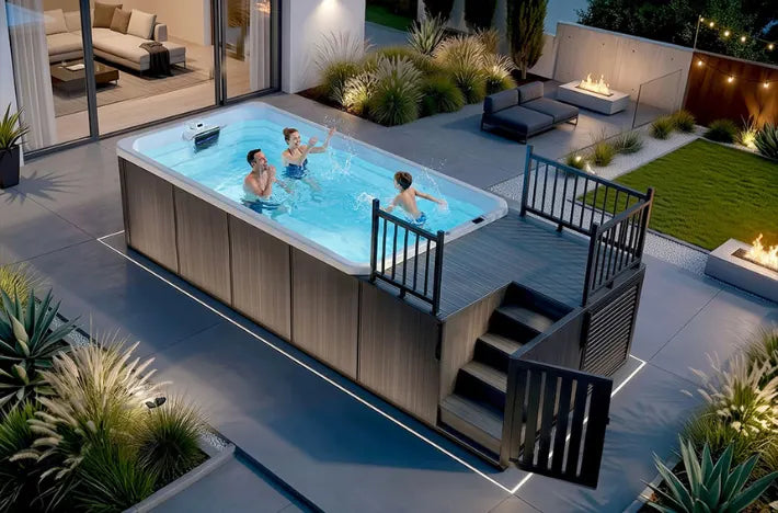 An terrace pool with a railings, shown in a modern backyard setting with three people playing.