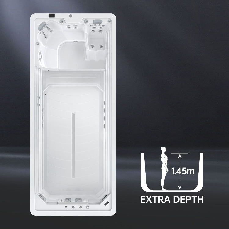 White swim spa with an extra depth indicator on a dark background