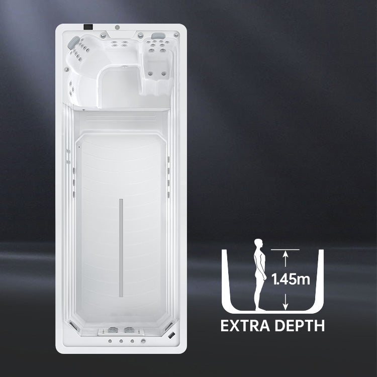 White rectangular swim spa with 'Extra Depth' label on a dark background