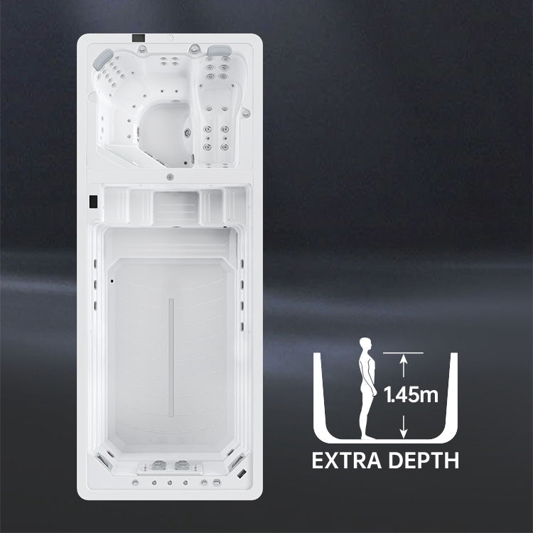 White dual zone swim spa with extra depth feature on a dark background
