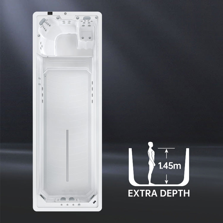7m White single swim spa with extra depth feature labeled on a dark background