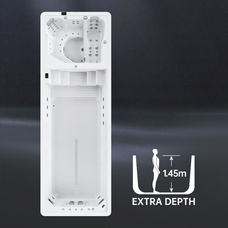 7 m White dual swim spa with an 'Extra Depth' label on a dark background