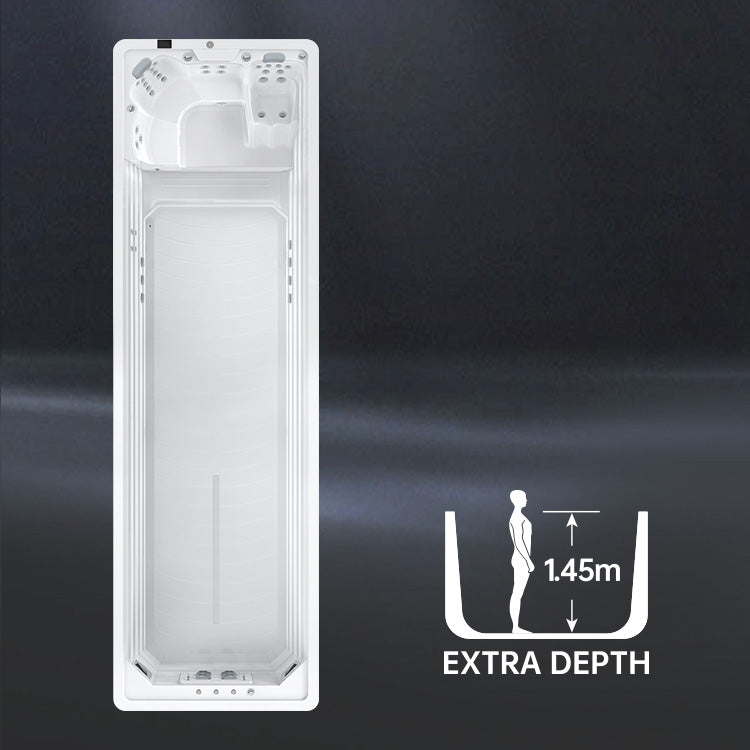 White swim spa with an 'Extra Depth' label on a dark background