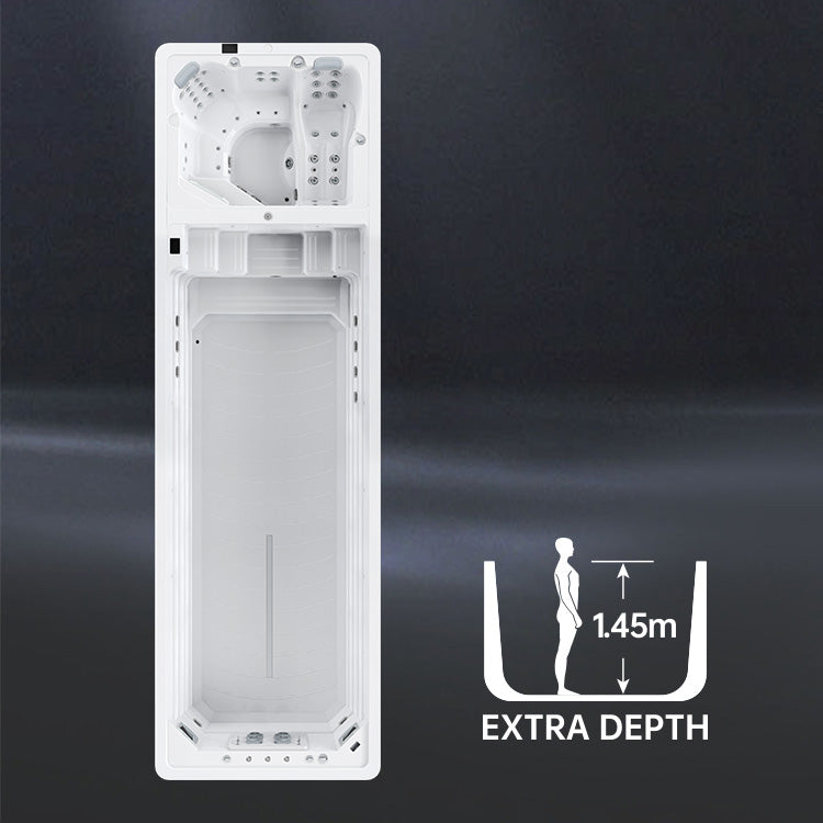 White swim spa with an 'Extra Depth' label on a dark background
