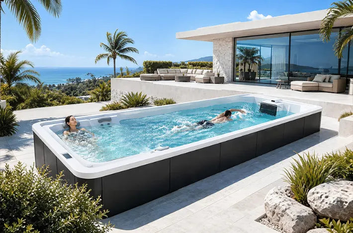 An outdoor swim spa situated on a patio next to a modern house, woman relaxing and man swimming in the water