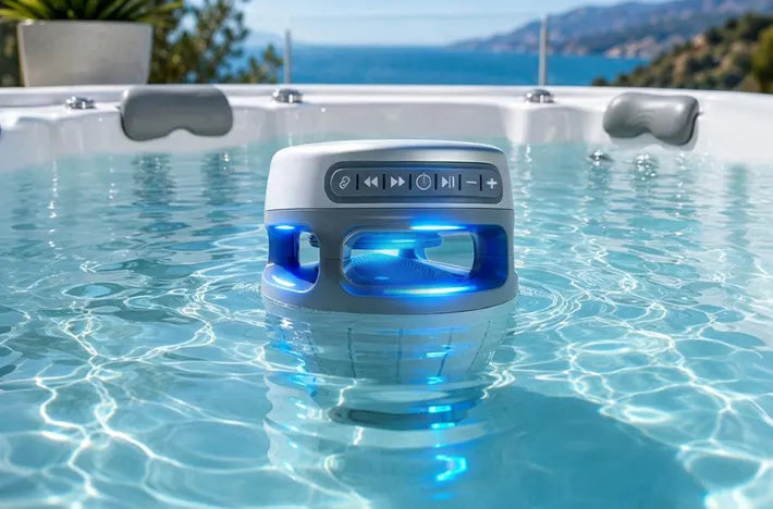 A  speaker floating in a hot tub