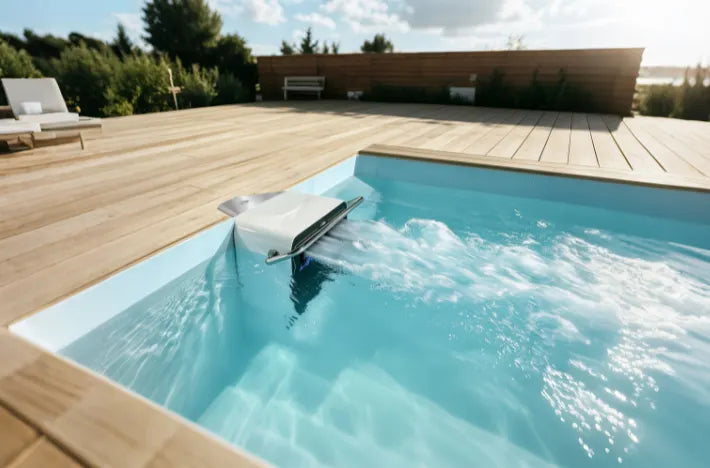 A modern outdoor plunge pool with swim machine