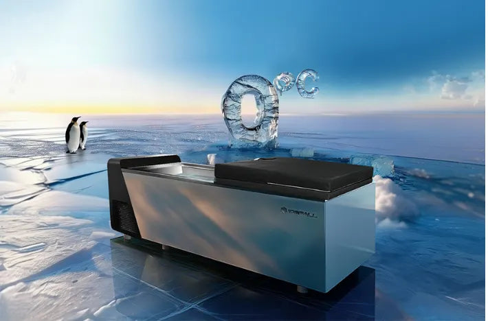 An ice bath shown in a stylized icy arctic scene with penguins and floating ice cubes.