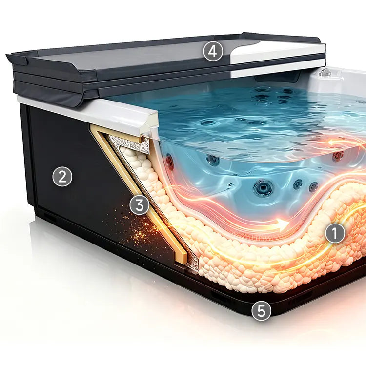A cutaway illustration of a hot tub with numbered callouts (1 through 5) highlighting internal features such as Insulation layer